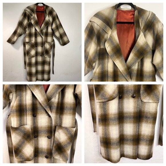 Vintage EATON Rontex International  Plaid Wool Blend Wrap Coat Hood  Belt  Size - Picture 10 of 16